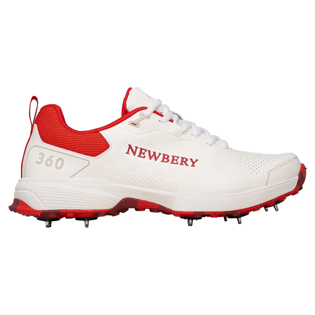 Newbery 360 Cricket Shoe - White/Red Spikes